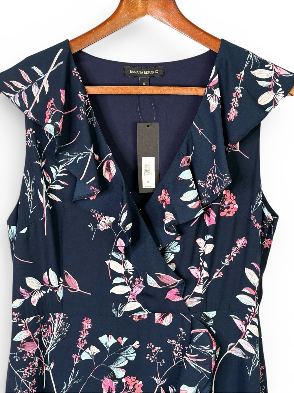 NWT Banana Republic Preppy Navy Floral Faux Wrap Ruffle Maxi Dress Size 8 - Picture 4 of 10
